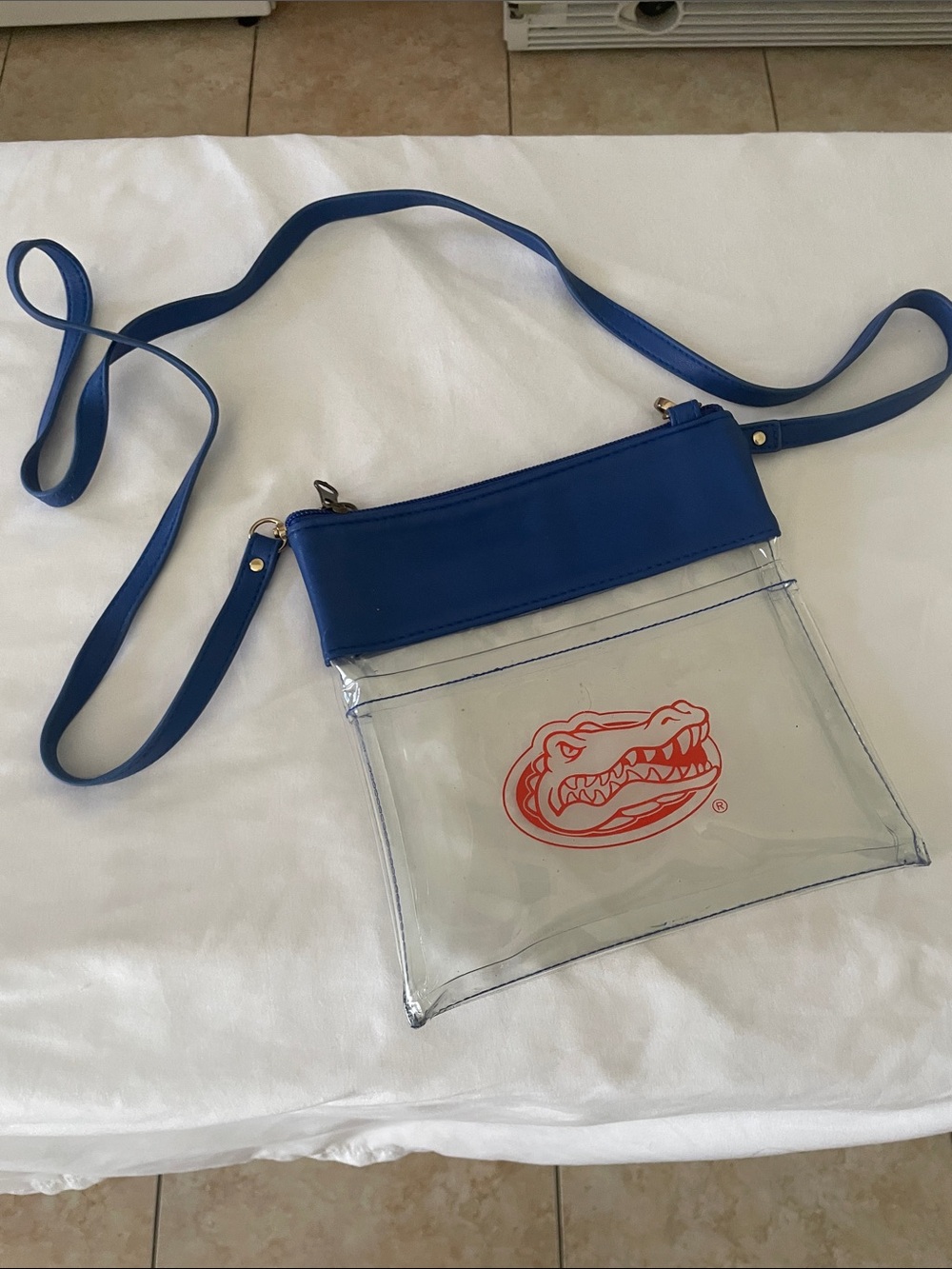 Clear Crossbody Bag with Blue Trim and Orange Gator Logo